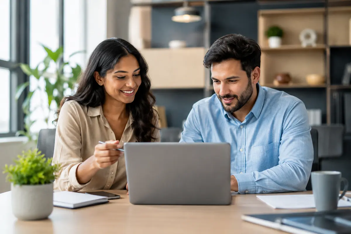 Two professionals collaborating on a laptop in a modern office, representing workforce fluidity, and the evolving future of work in 2026