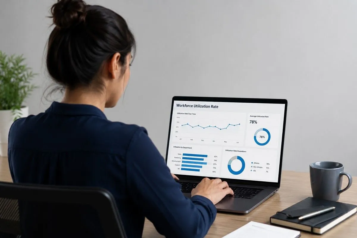An HR professional working on a laptop displaying performance graphs, representing workforce utilization rate and productivity analysis in a business environment