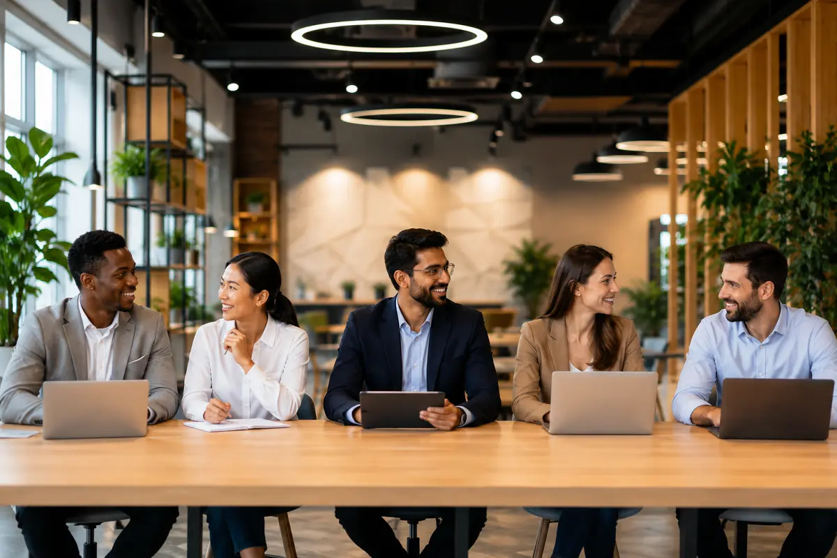 Diverse group of recruiting professionals sitting together in a modern office workspace, smiling and engaging in conversation, representing the Always Hiring Model