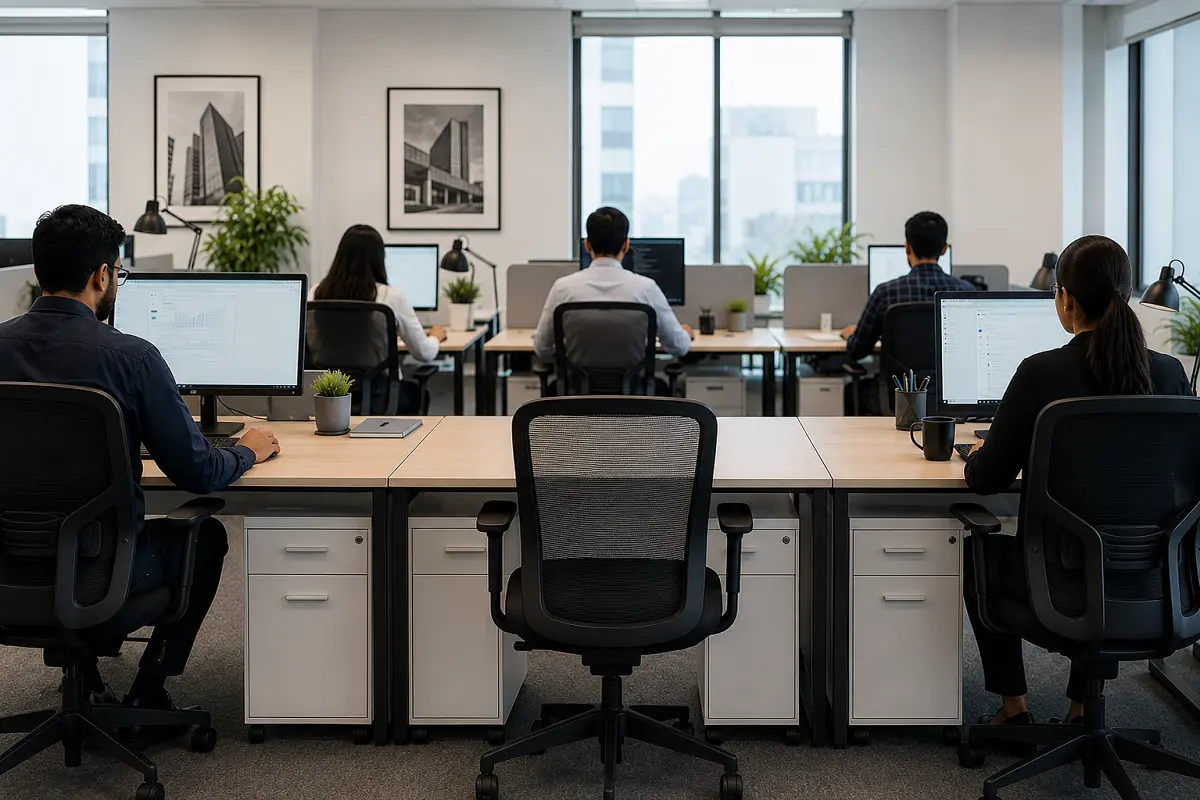 Modern office workspace with several employees working at computers and an empty desk in the foreground, representing the real cost of an unfilled position