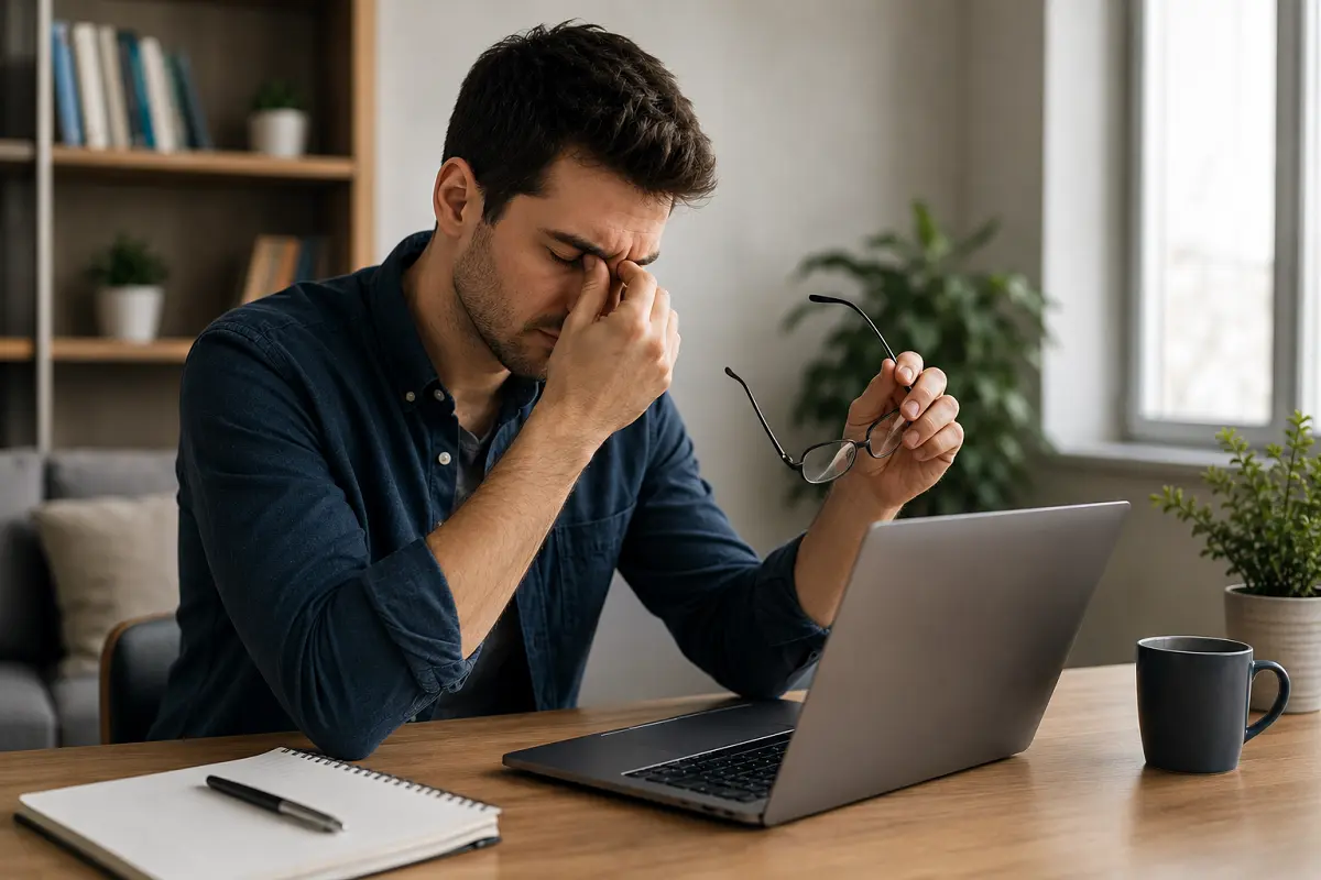 Job seeker sitting at a desk looking exhausted while using a laptop, representing interview fatigue