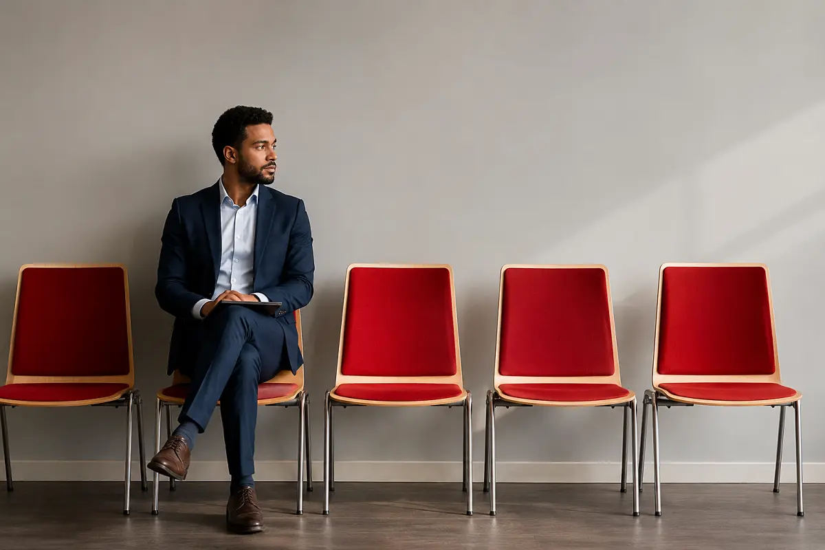 Professional job seeker sitting alone in a waiting area with empty chairs, representing talent scarcity