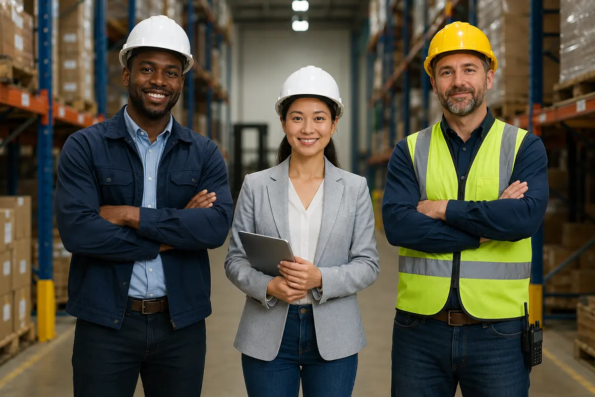 Warehouse workers standing in a distribution center, representing worker readiness and business output success