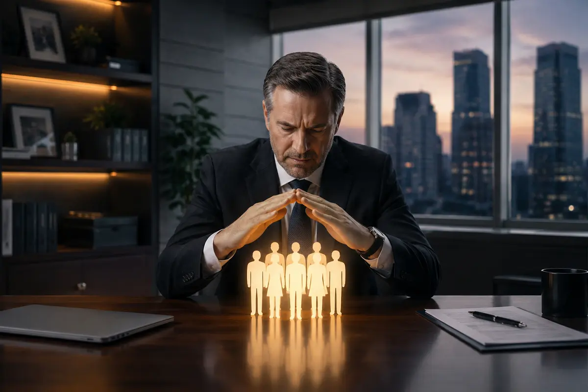 A corporate manager sits at a desk in a modern office, protectively hovering his hands over a group of glowing employee figures, representing talent hoarding
