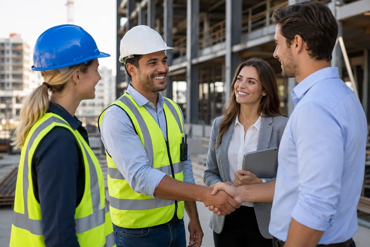 Construction manager shaking hands with a construction worker, representing effective construction labour retention strategies