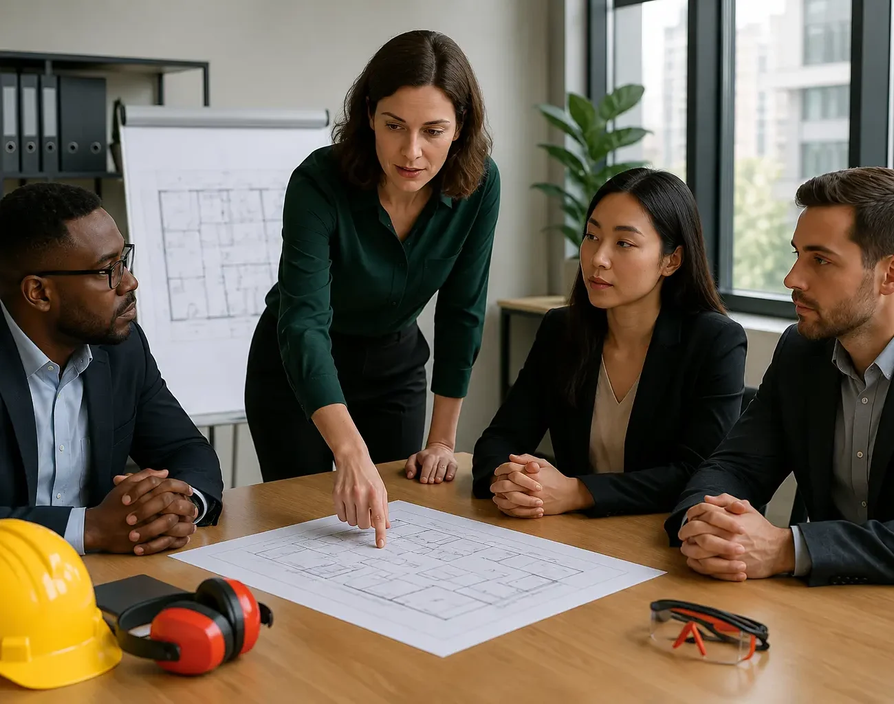 Construction managers and team members reviewing a workplace safety plan in a modern office