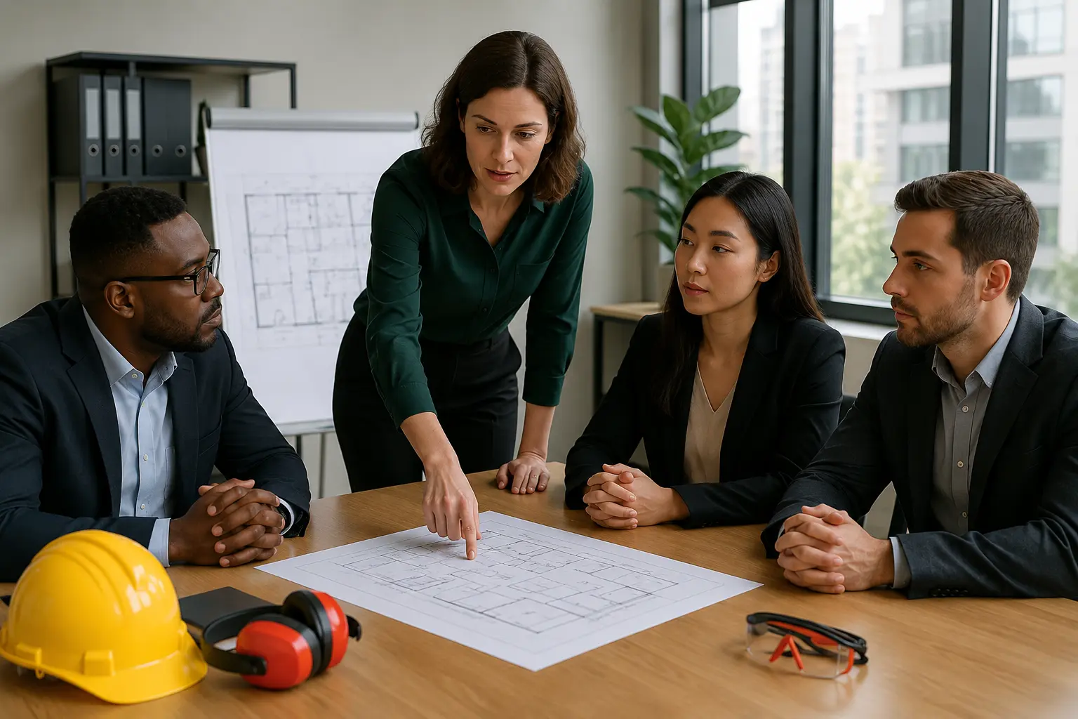 Construction managers and team members reviewing a workplace safety plan in a modern office