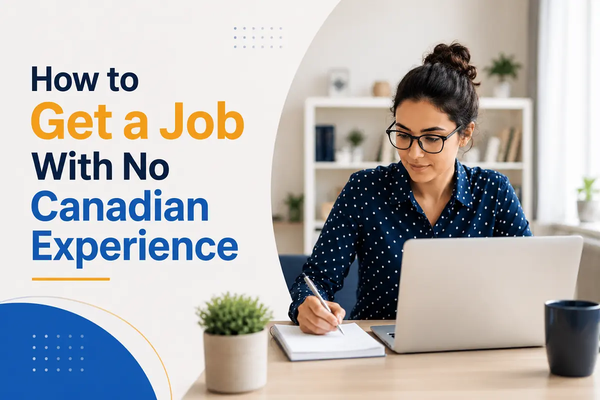 A professional woman researching on a laptop to find a job with no Canadian experience in 2026