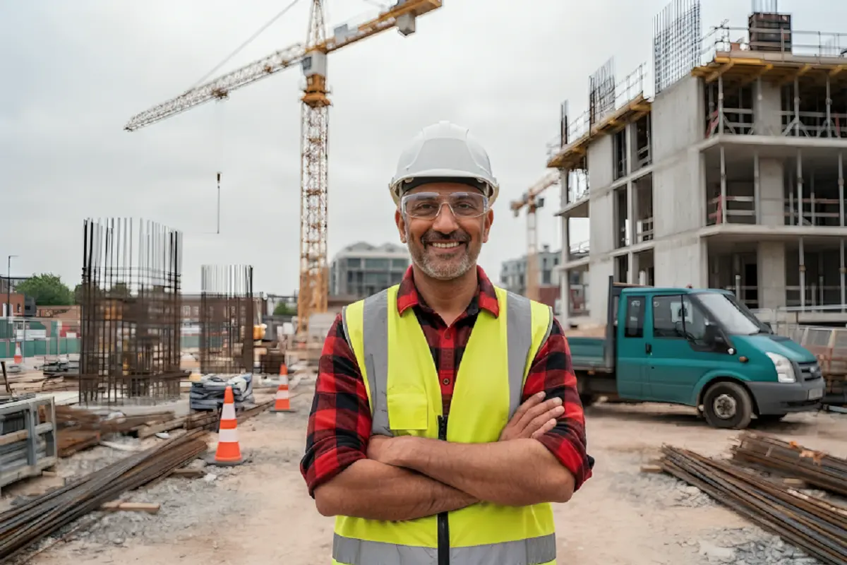 Construction labour worker wearing a hard hat and high-visibility safety vest at an active construction site, representing the key traits of construction labour employers look for