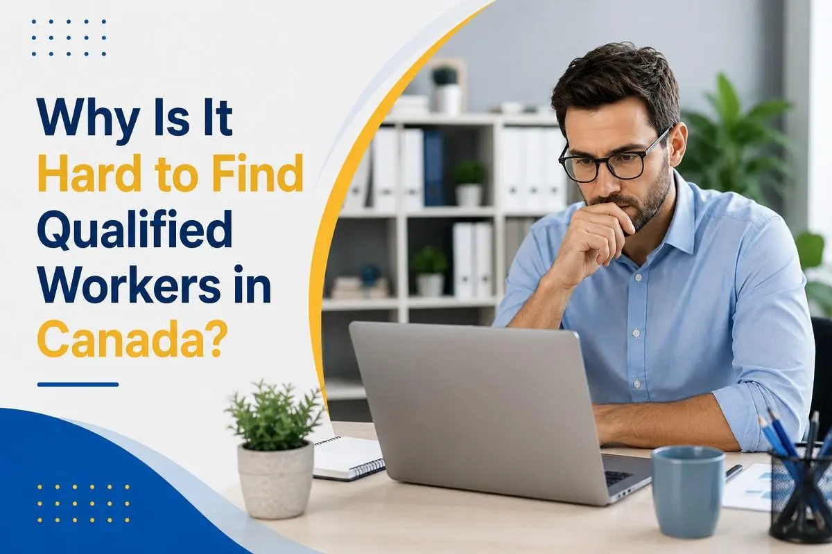 A concerned hiring manager reviewing job applications on a laptop, representing the challenges of finding qualified workers in Canada in 2026