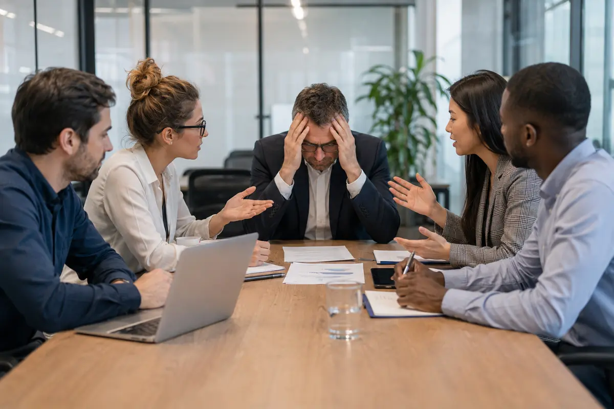 Stressed office team in a meeting with communication challenges, representing workforce friction