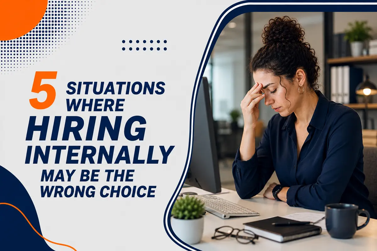 A stressed HR professional in a modern office, representing situations where hiring internally may be the wrong choice